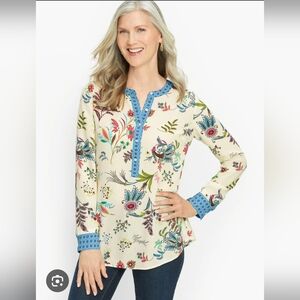 Talbots Plus Size 3X Floral Tunic Blouse Blue Trim‎ Long Sleeve Lightweight T